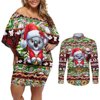 Koala Christmas Couples Matching Off Shoulder Short Dress and Long Sleeve Button Shirt Australia Aboriginal Cute Santa Koalas - Wonder Print Shop