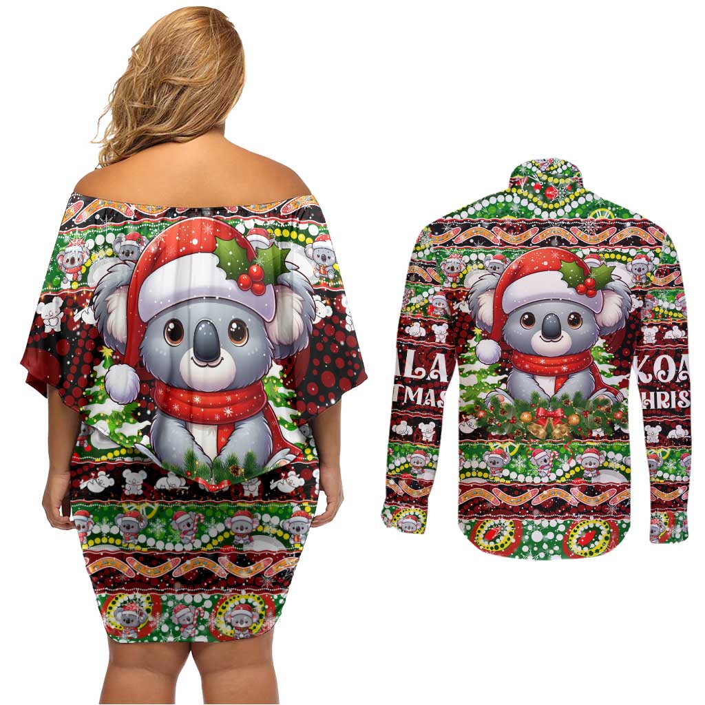 Koala Christmas Couples Matching Off Shoulder Short Dress and Long Sleeve Button Shirt Australia Aboriginal Cute Santa Koalas - Wonder Print Shop
