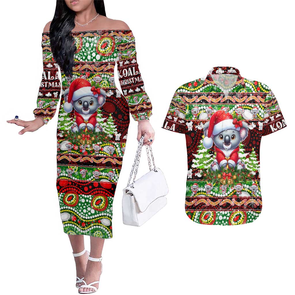 Koala Christmas Couples Matching Off The Shoulder Long Sleeve Dress and Hawaiian Shirt Australia Aboriginal Cute Santa Koalas - Wonder Print Shop