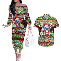 Koala Christmas Couples Matching Off The Shoulder Long Sleeve Dress and Hawaiian Shirt Australia Aboriginal Cute Santa Koalas - Wonder Print Shop
