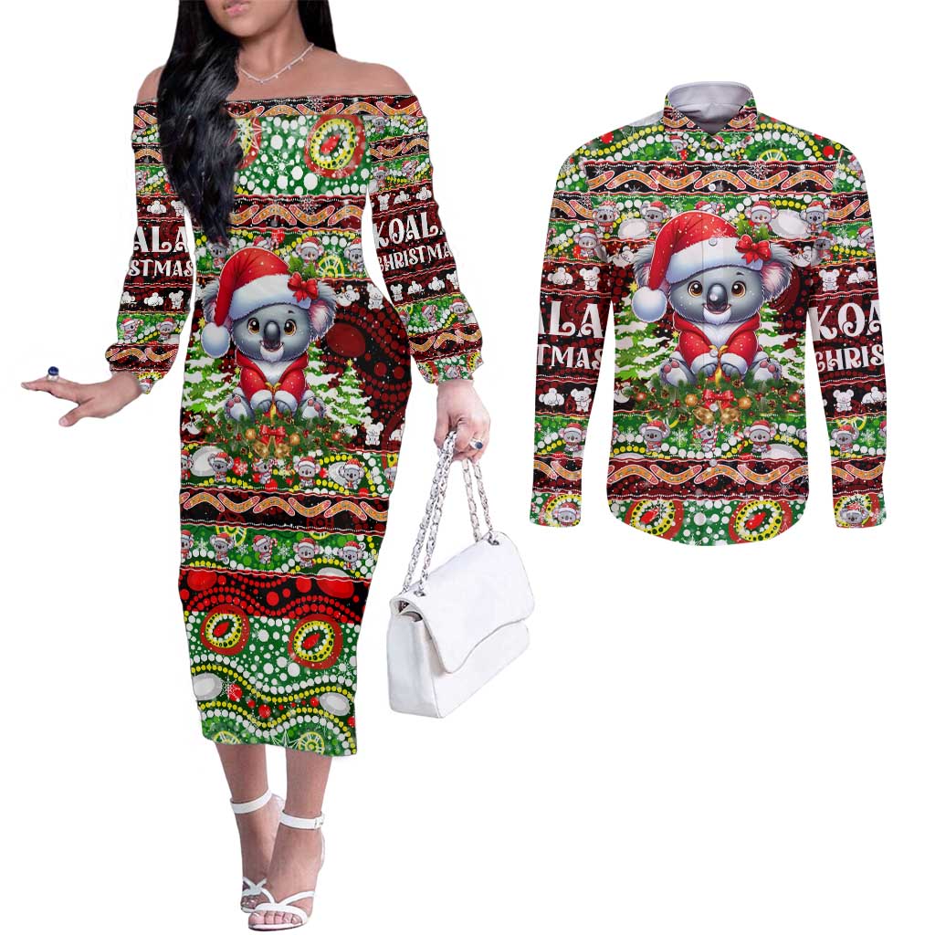 Koala Christmas Couples Matching Off The Shoulder Long Sleeve Dress and Long Sleeve Button Shirt Australia Aboriginal Cute Santa Koalas - Wonder Print Shop