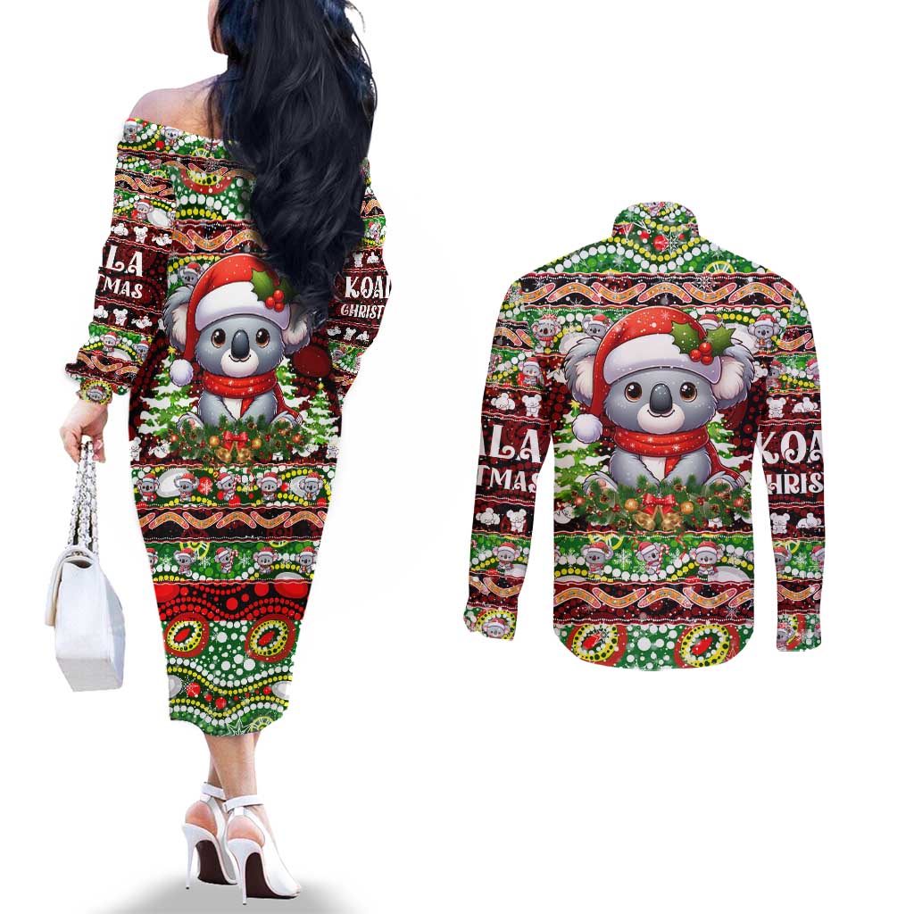 Koala Christmas Couples Matching Off The Shoulder Long Sleeve Dress and Long Sleeve Button Shirt Australia Aboriginal Cute Santa Koalas - Wonder Print Shop