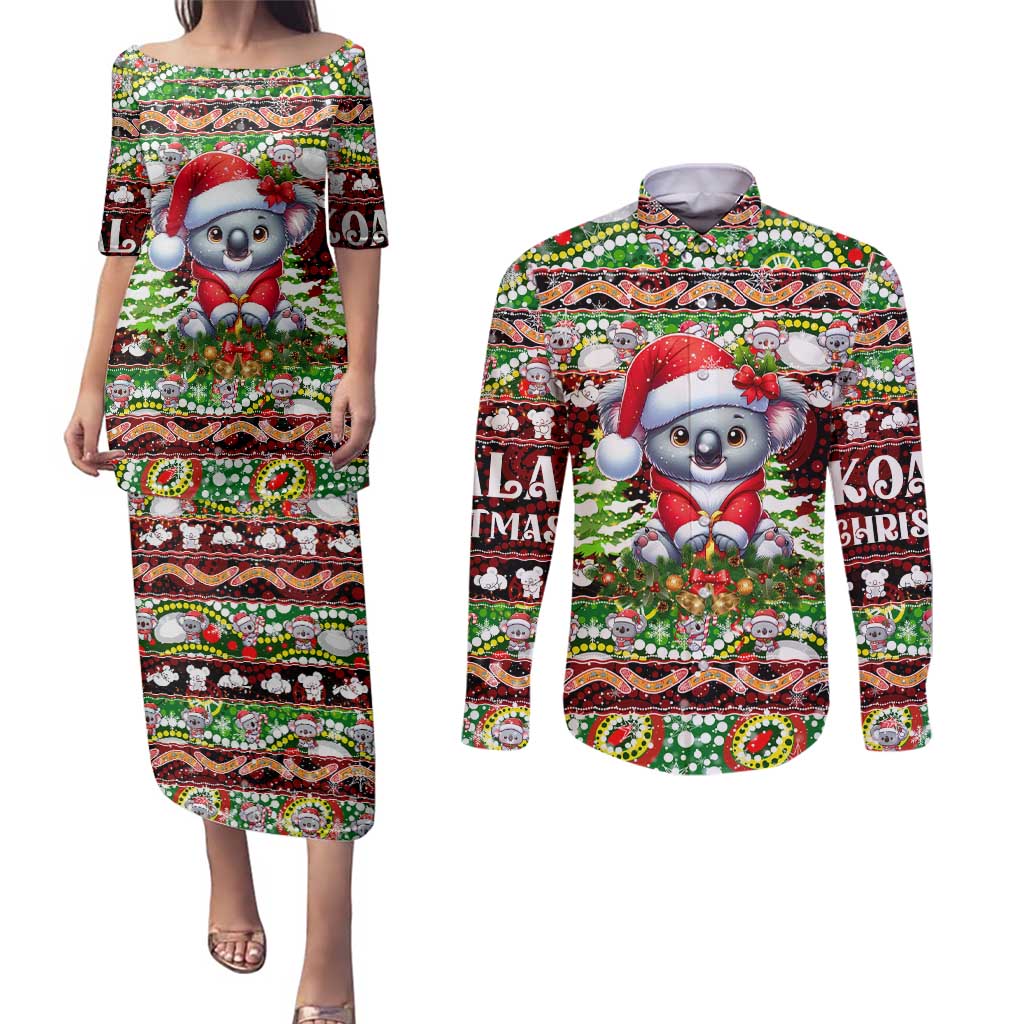 Koala Christmas Couples Matching Puletasi and Long Sleeve Button Shirt Australia Aboriginal Cute Santa Koalas - Wonder Print Shop
