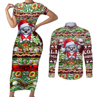 Koala Christmas Couples Matching Short Sleeve Bodycon Dress and Long Sleeve Button Shirt Australia Aboriginal Cute Santa Koalas - Wonder Print Shop
