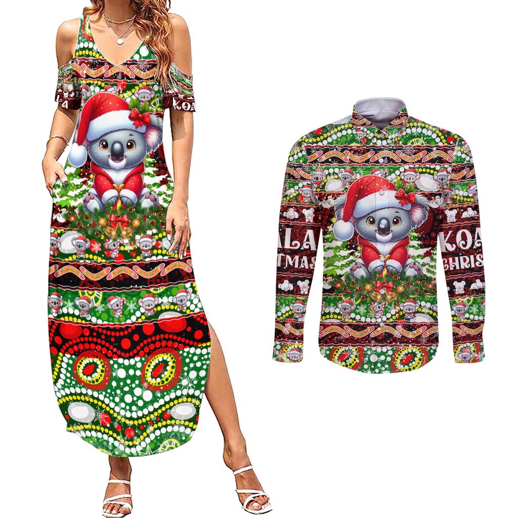 Koala Christmas Couples Matching Summer Maxi Dress and Long Sleeve Button Shirt Australia Aboriginal Cute Santa Koalas - Wonder Print Shop
