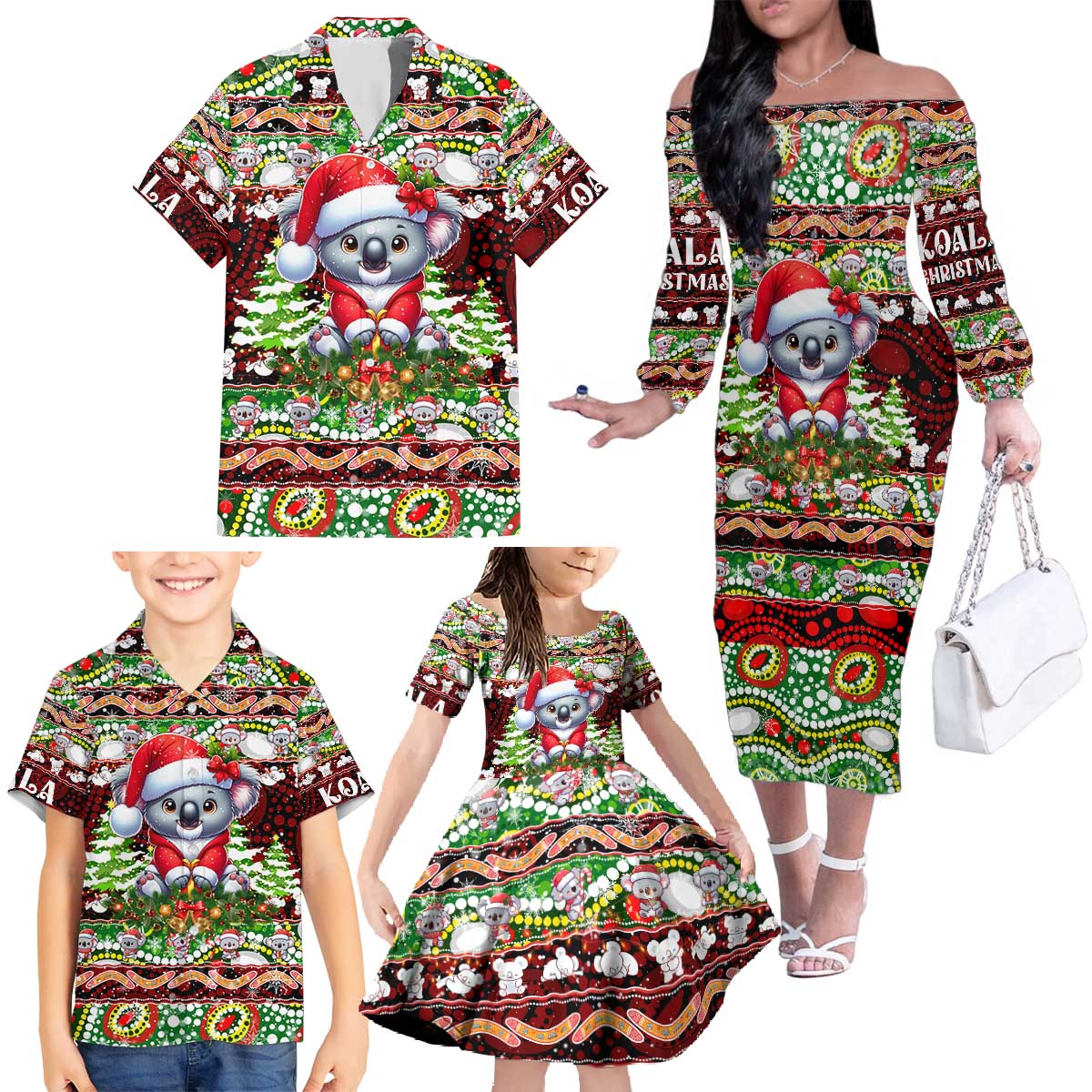 Koala Christmas Family Matching Off The Shoulder Long Sleeve Dress and Hawaiian Shirt Australia Aboriginal Cute Santa Koalas - Wonder Print Shop