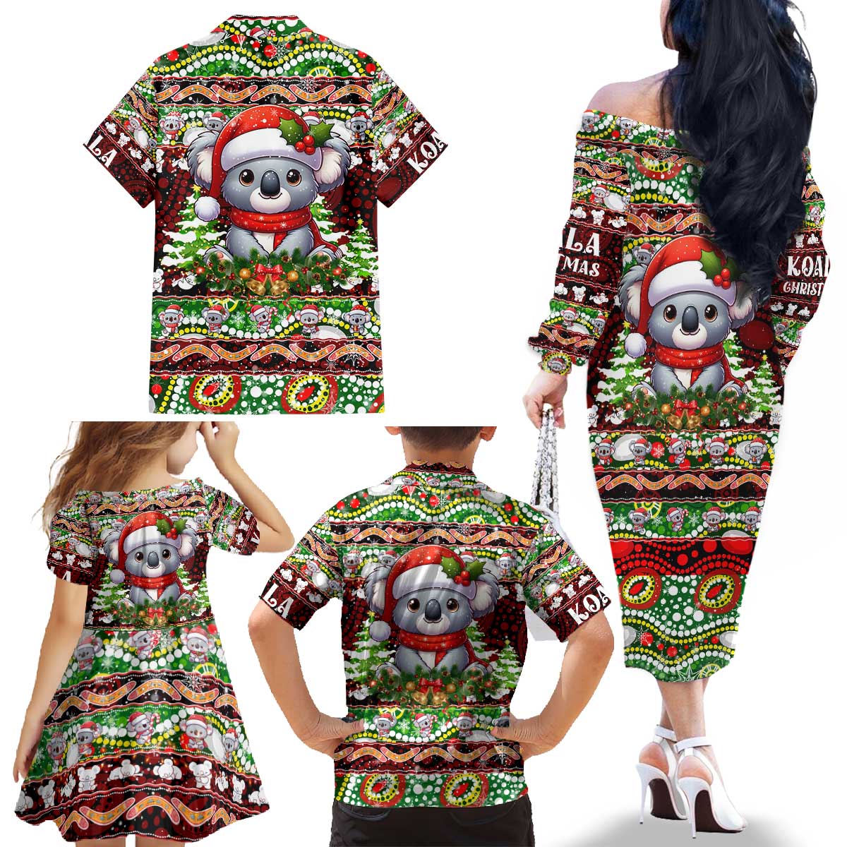 Koala Christmas Family Matching Off The Shoulder Long Sleeve Dress and Hawaiian Shirt Australia Aboriginal Cute Santa Koalas - Wonder Print Shop