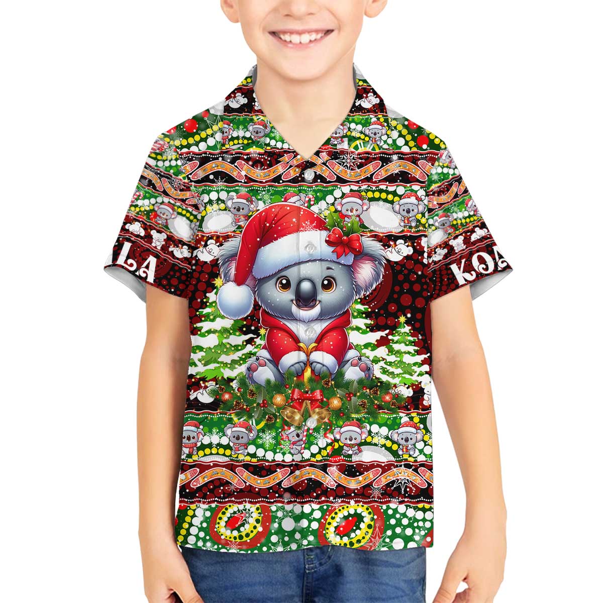 Koala Christmas Family Matching Off The Shoulder Long Sleeve Dress and Hawaiian Shirt Australia Aboriginal Cute Santa Koalas - Wonder Print Shop