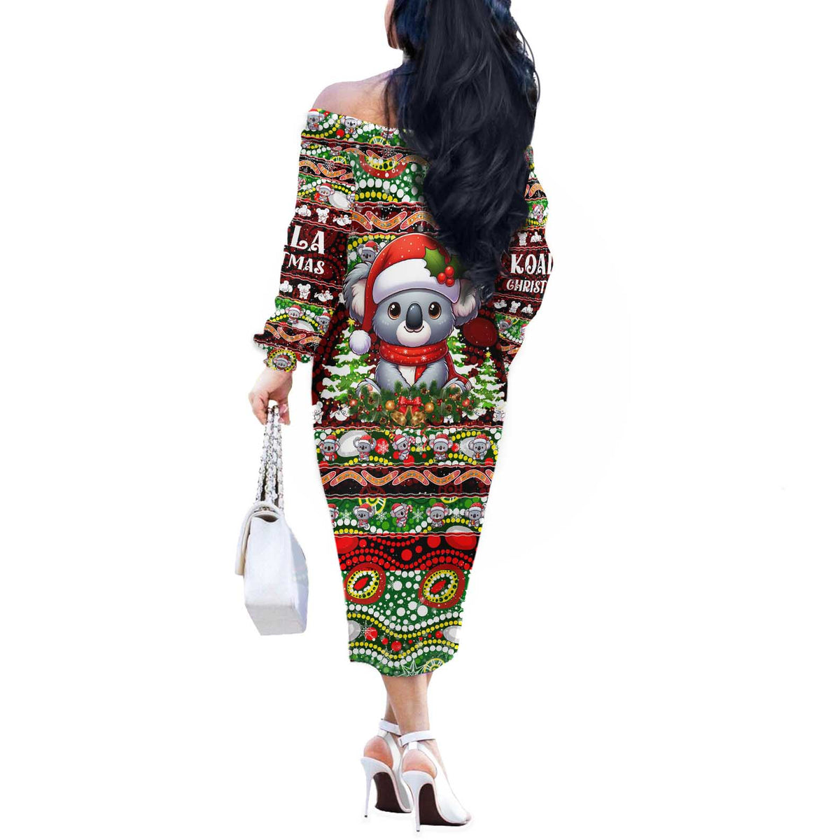 Koala Christmas Off The Shoulder Long Sleeve Dress Australia Aboriginal Cute Santa Koalas - Wonder Print Shop