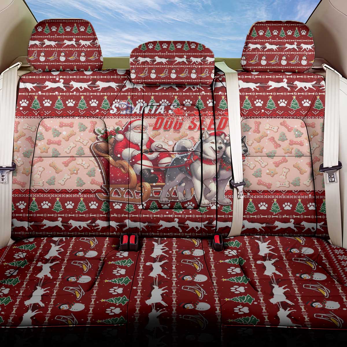 Dog Sled Christmas Back Car Seat Cover Husky Sleigh Ride Design - Wonder Print Shop