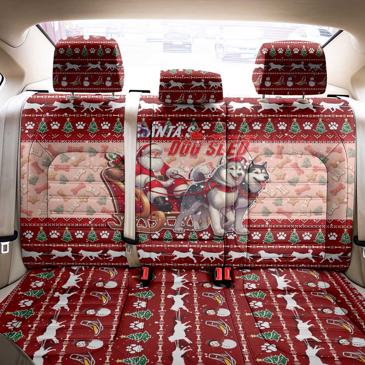 Dog Sled Christmas Back Car Seat Cover Husky Sleigh Ride Design - Wonder Print Shop