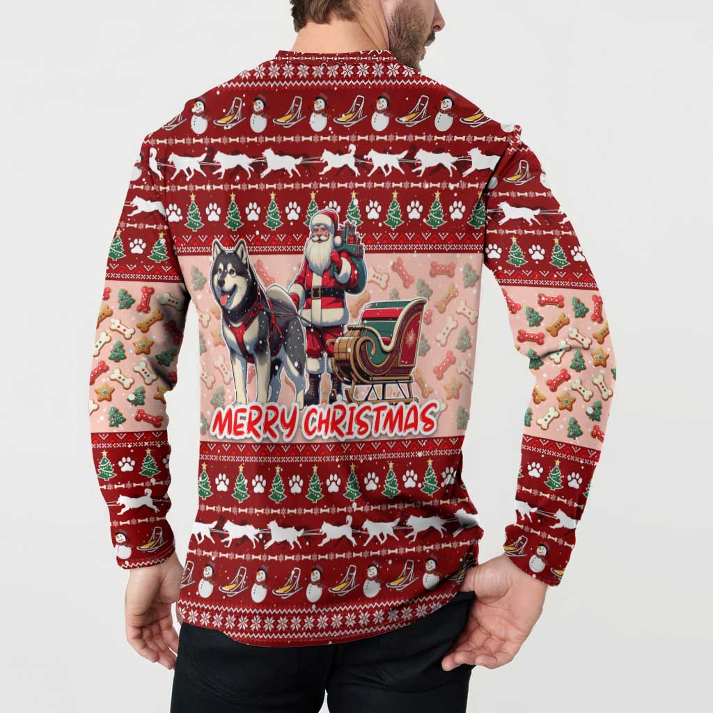 Dog Sled Christmas Button Sweatshirt Husky Sleigh Ride Design - Wonder Print Shop