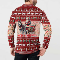 Dog Sled Christmas Button Sweatshirt Husky Sleigh Ride Design - Wonder Print Shop