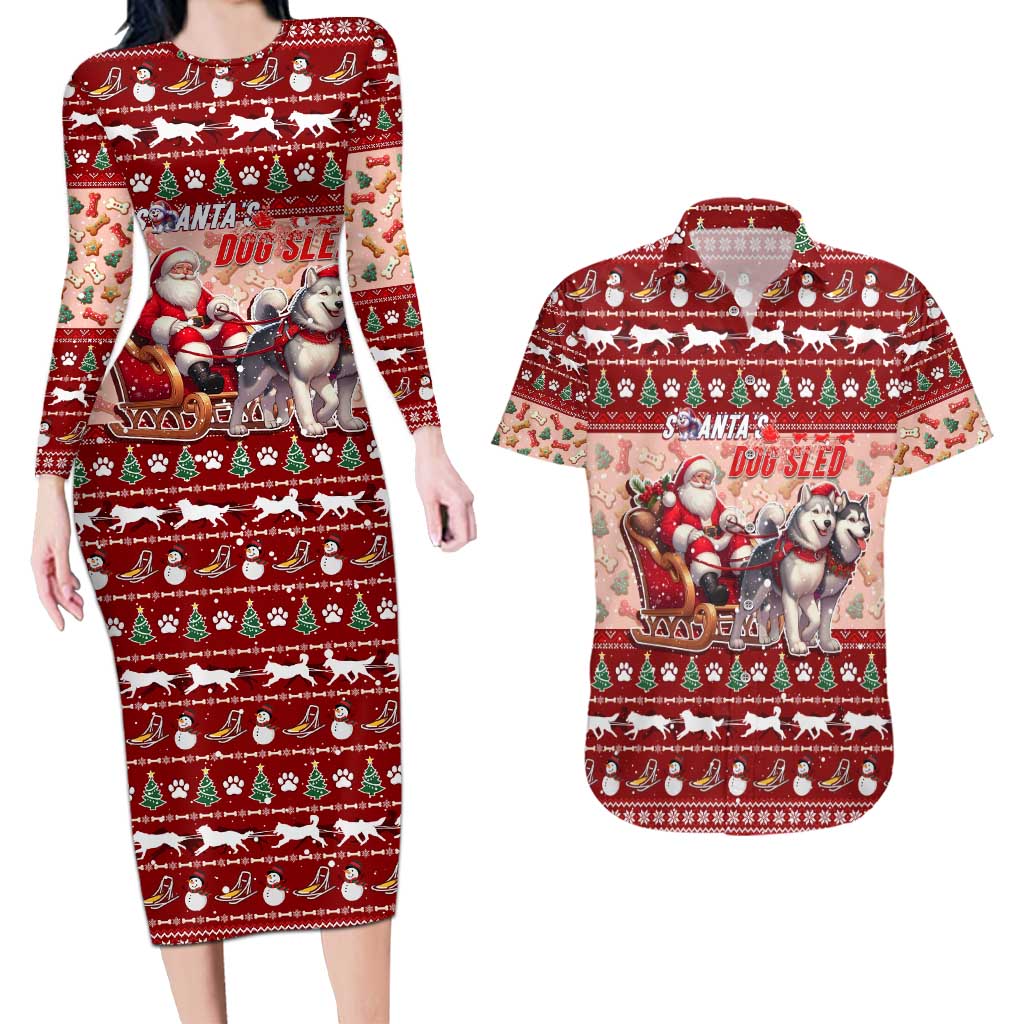 Dog Sled Christmas Couples Matching Long Sleeve Bodycon Dress and Hawaiian Shirt Husky Sleigh Ride Design - Wonder Print Shop