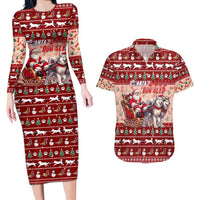 Dog Sled Christmas Couples Matching Long Sleeve Bodycon Dress and Hawaiian Shirt Husky Sleigh Ride Design - Wonder Print Shop