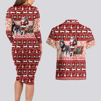 Dog Sled Christmas Couples Matching Long Sleeve Bodycon Dress and Hawaiian Shirt Husky Sleigh Ride Design - Wonder Print Shop
