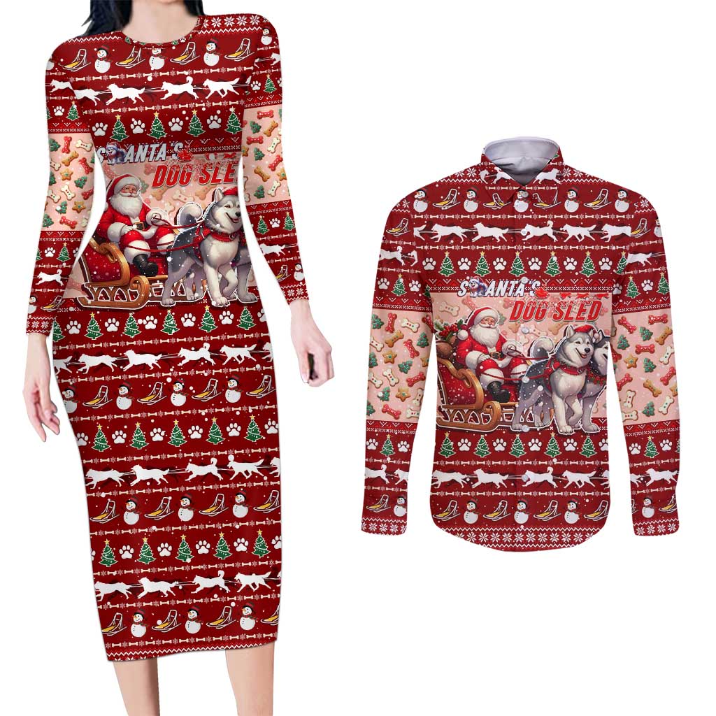 Dog Sled Christmas Couples Matching Long Sleeve Bodycon Dress and Long Sleeve Button Shirt Husky Sleigh Ride Design - Wonder Print Shop