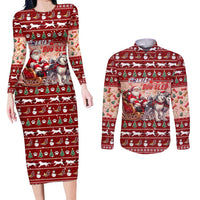 Dog Sled Christmas Couples Matching Long Sleeve Bodycon Dress and Long Sleeve Button Shirt Husky Sleigh Ride Design - Wonder Print Shop