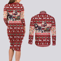 Dog Sled Christmas Couples Matching Long Sleeve Bodycon Dress and Long Sleeve Button Shirt Husky Sleigh Ride Design - Wonder Print Shop