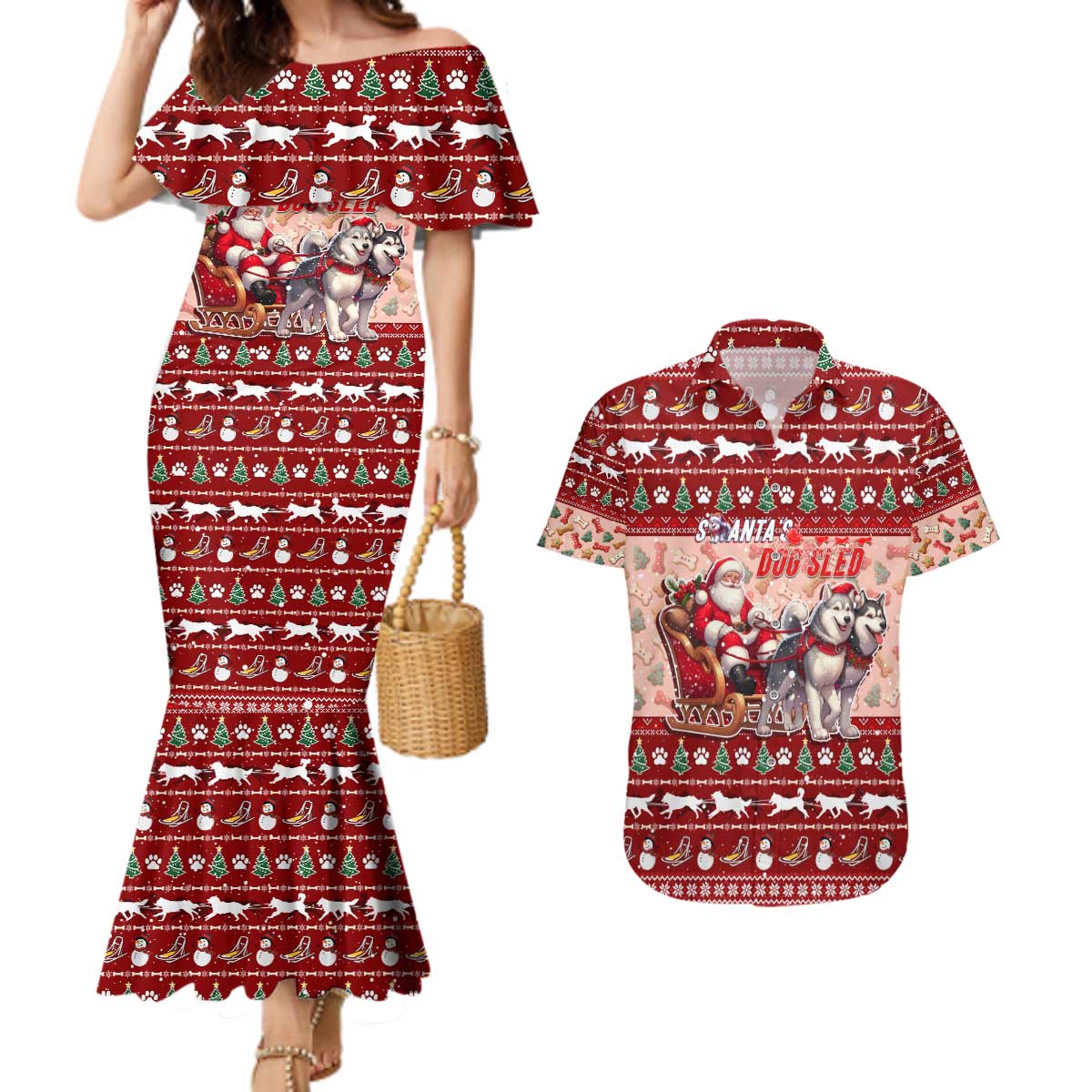 Dog Sled Christmas Couples Matching Mermaid Dress and Hawaiian Shirt Husky Sleigh Ride Design - Wonder Print Shop