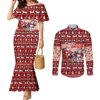 Dog Sled Christmas Couples Matching Mermaid Dress and Long Sleeve Button Shirt Husky Sleigh Ride Design - Wonder Print Shop