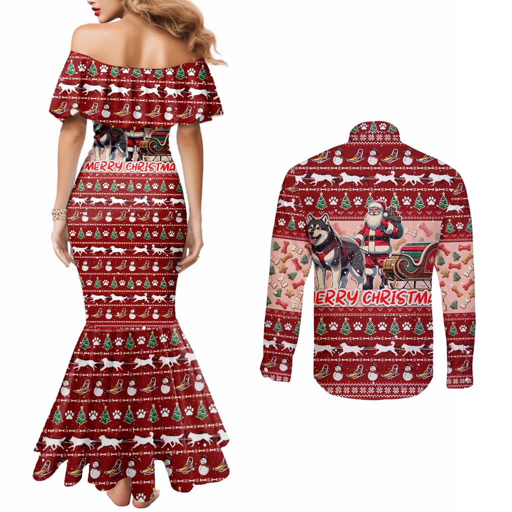 Dog Sled Christmas Couples Matching Mermaid Dress and Long Sleeve Button Shirt Husky Sleigh Ride Design - Wonder Print Shop