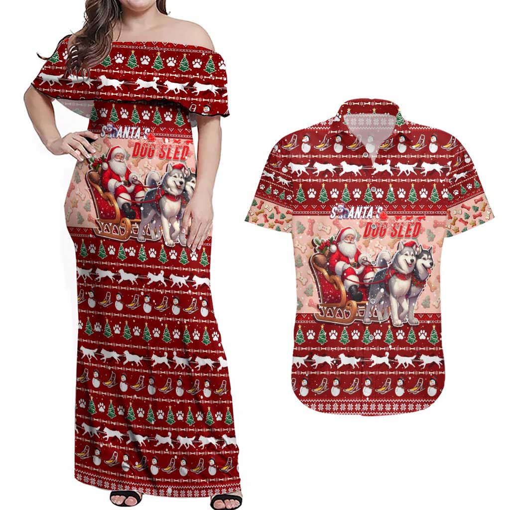 Dog Sled Christmas Couples Matching Off Shoulder Maxi Dress and Hawaiian Shirt Husky Sleigh Ride Design - Wonder Print Shop