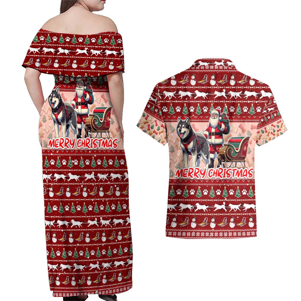 Dog Sled Christmas Couples Matching Off Shoulder Maxi Dress and Hawaiian Shirt Husky Sleigh Ride Design - Wonder Print Shop