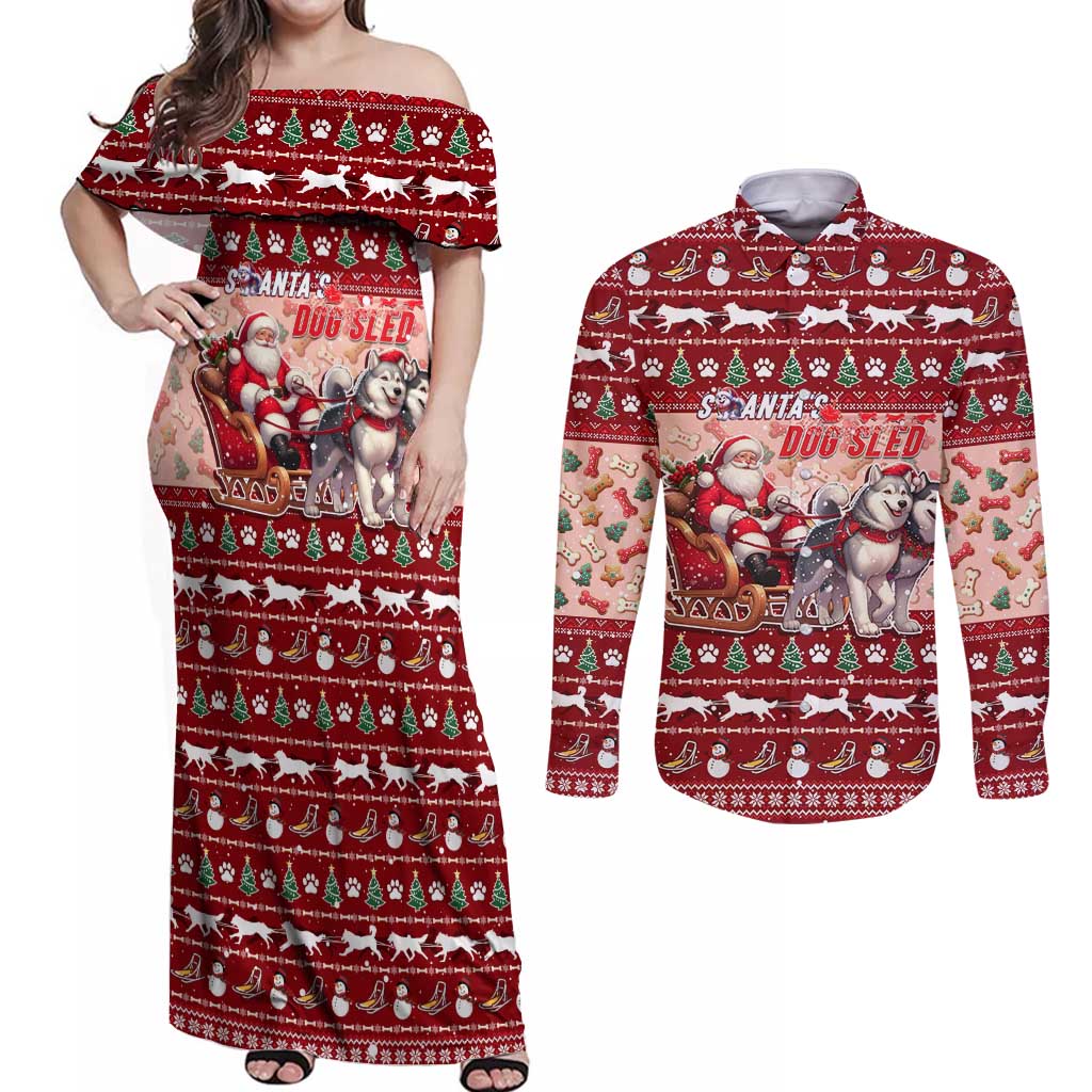 Dog Sled Christmas Couples Matching Off Shoulder Maxi Dress and Long Sleeve Button Shirt Husky Sleigh Ride Design - Wonder Print Shop