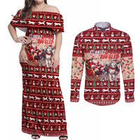 Dog Sled Christmas Couples Matching Off Shoulder Maxi Dress and Long Sleeve Button Shirt Husky Sleigh Ride Design - Wonder Print Shop
