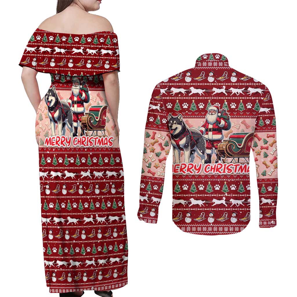 Dog Sled Christmas Couples Matching Off Shoulder Maxi Dress and Long Sleeve Button Shirt Husky Sleigh Ride Design - Wonder Print Shop