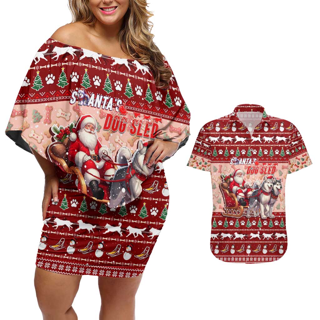 Dog Sled Christmas Couples Matching Off Shoulder Short Dress and Hawaiian Shirt Husky Sleigh Ride Design - Wonder Print Shop