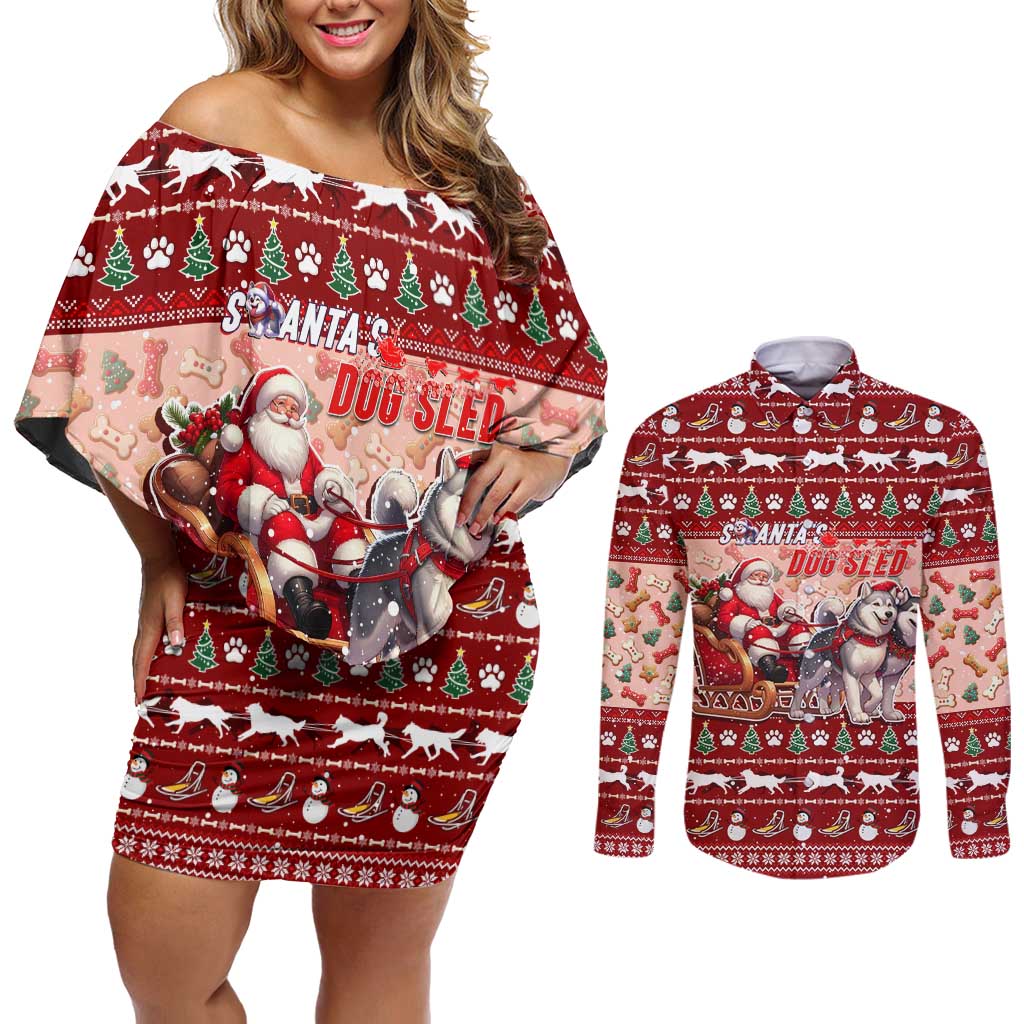 Dog Sled Christmas Couples Matching Off Shoulder Short Dress and Long Sleeve Button Shirt Husky Sleigh Ride Design - Wonder Print Shop