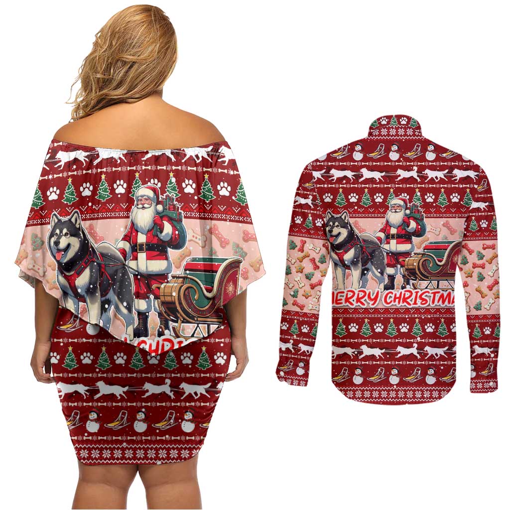 Dog Sled Christmas Couples Matching Off Shoulder Short Dress and Long Sleeve Button Shirt Husky Sleigh Ride Design - Wonder Print Shop