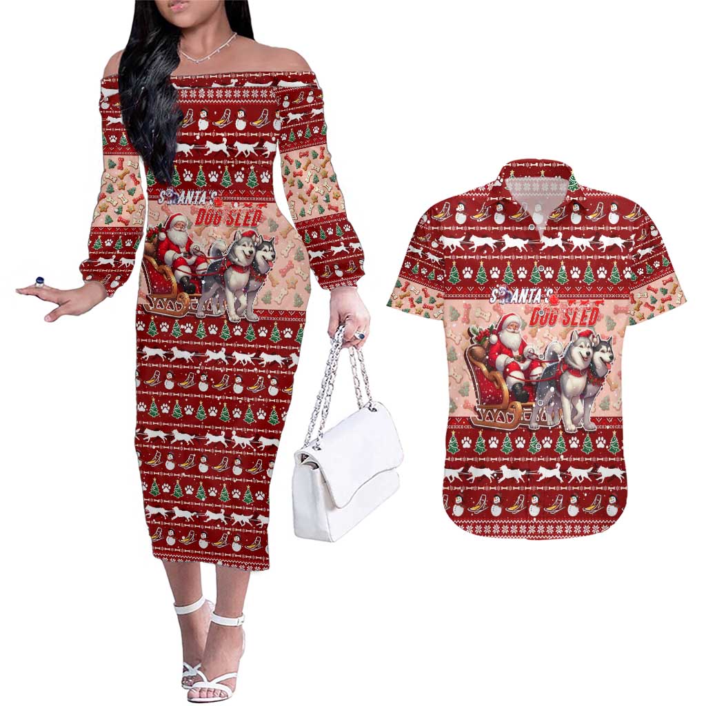 Dog Sled Christmas Couples Matching Off The Shoulder Long Sleeve Dress and Hawaiian Shirt Husky Sleigh Ride Design - Wonder Print Shop