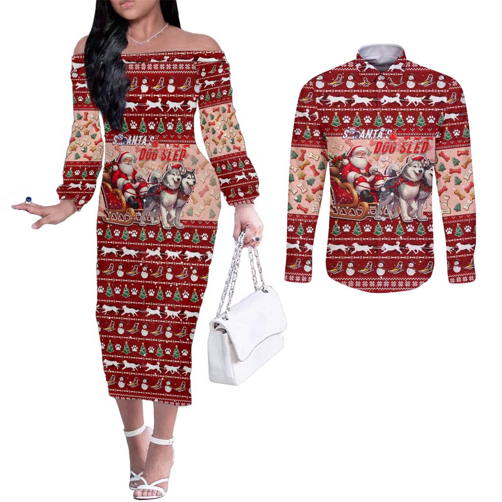Dog Sled Christmas Couples Matching Off The Shoulder Long Sleeve Dress and Long Sleeve Button Shirt Husky Sleigh Ride Design - Wonder Print Shop