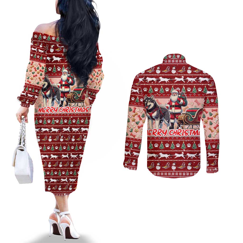 Dog Sled Christmas Couples Matching Off The Shoulder Long Sleeve Dress and Long Sleeve Button Shirt Husky Sleigh Ride Design - Wonder Print Shop