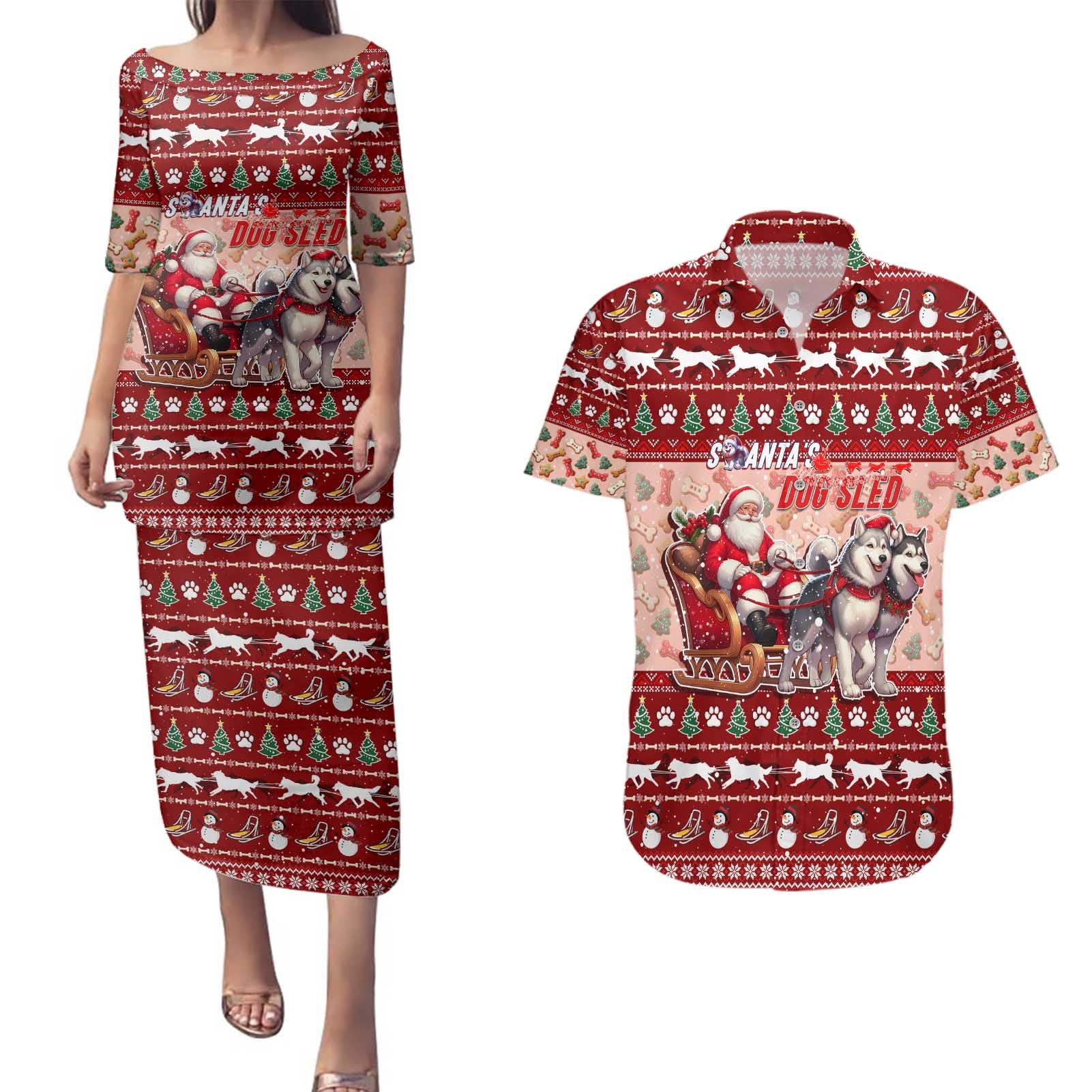 Dog Sled Christmas Couples Matching Puletasi and Hawaiian Shirt Husky Sleigh Ride Design - Wonder Print Shop