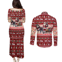 Dog Sled Christmas Couples Matching Puletasi and Long Sleeve Button Shirt Husky Sleigh Ride Design - Wonder Print Shop