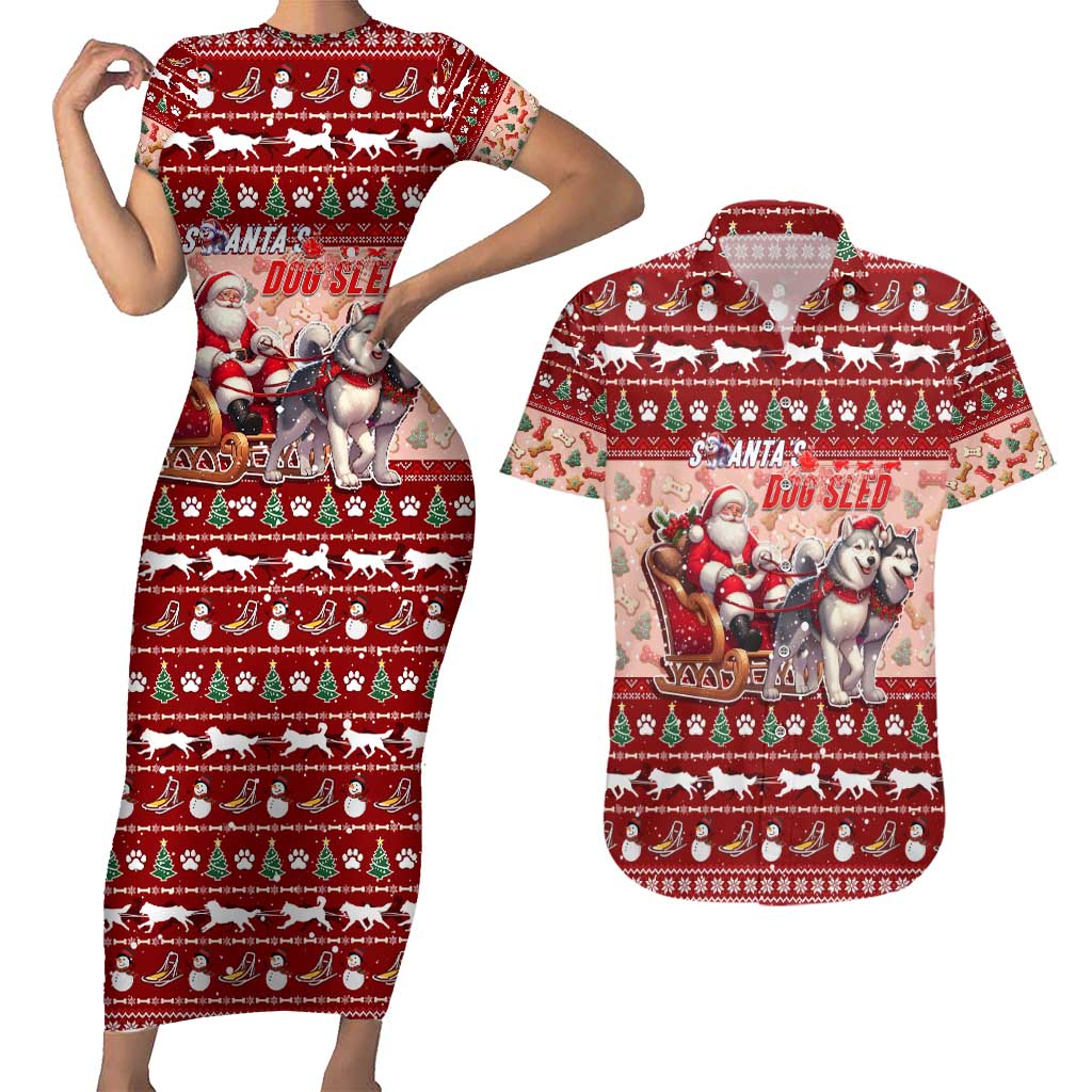 Dog Sled Christmas Couples Matching Short Sleeve Bodycon Dress and Hawaiian Shirt Husky Sleigh Ride Design - Wonder Print Shop