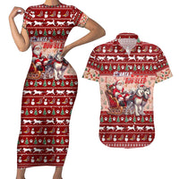 Dog Sled Christmas Couples Matching Short Sleeve Bodycon Dress and Hawaiian Shirt Husky Sleigh Ride Design - Wonder Print Shop