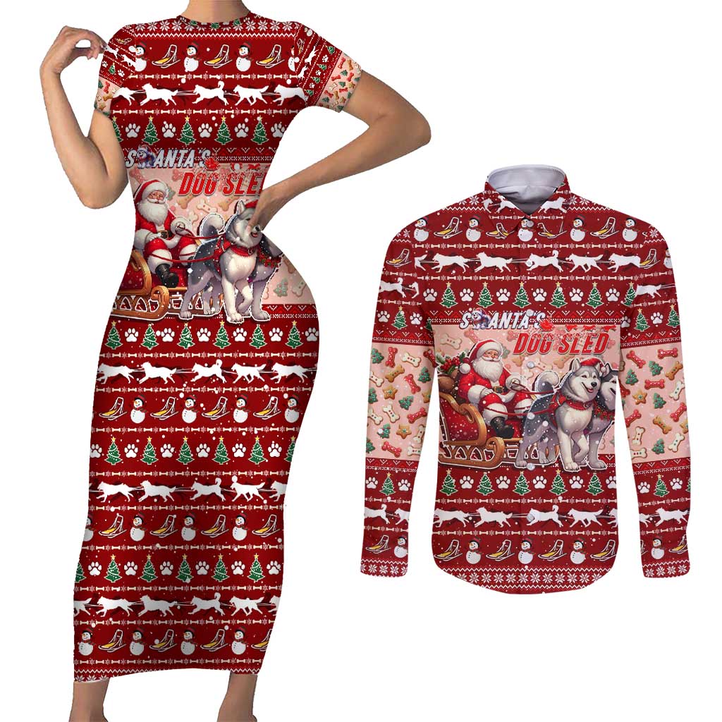 Dog Sled Christmas Couples Matching Short Sleeve Bodycon Dress and Long Sleeve Button Shirt Husky Sleigh Ride Design - Wonder Print Shop
