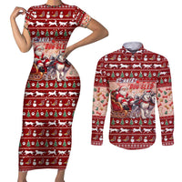 Dog Sled Christmas Couples Matching Short Sleeve Bodycon Dress and Long Sleeve Button Shirt Husky Sleigh Ride Design - Wonder Print Shop