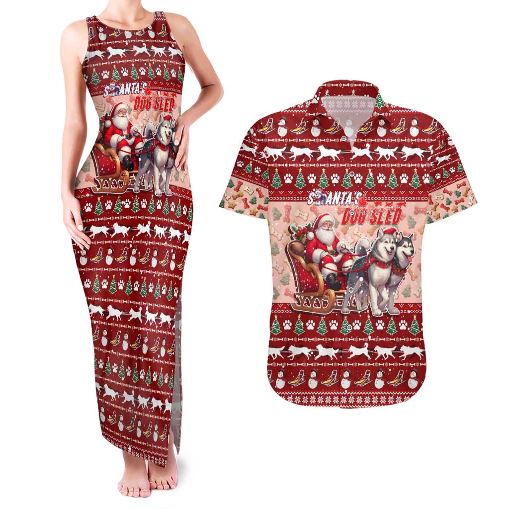 Dog Sled Christmas Couples Matching Tank Maxi Dress and Hawaiian Shirt Husky Sleigh Ride Design - Wonder Print Shop