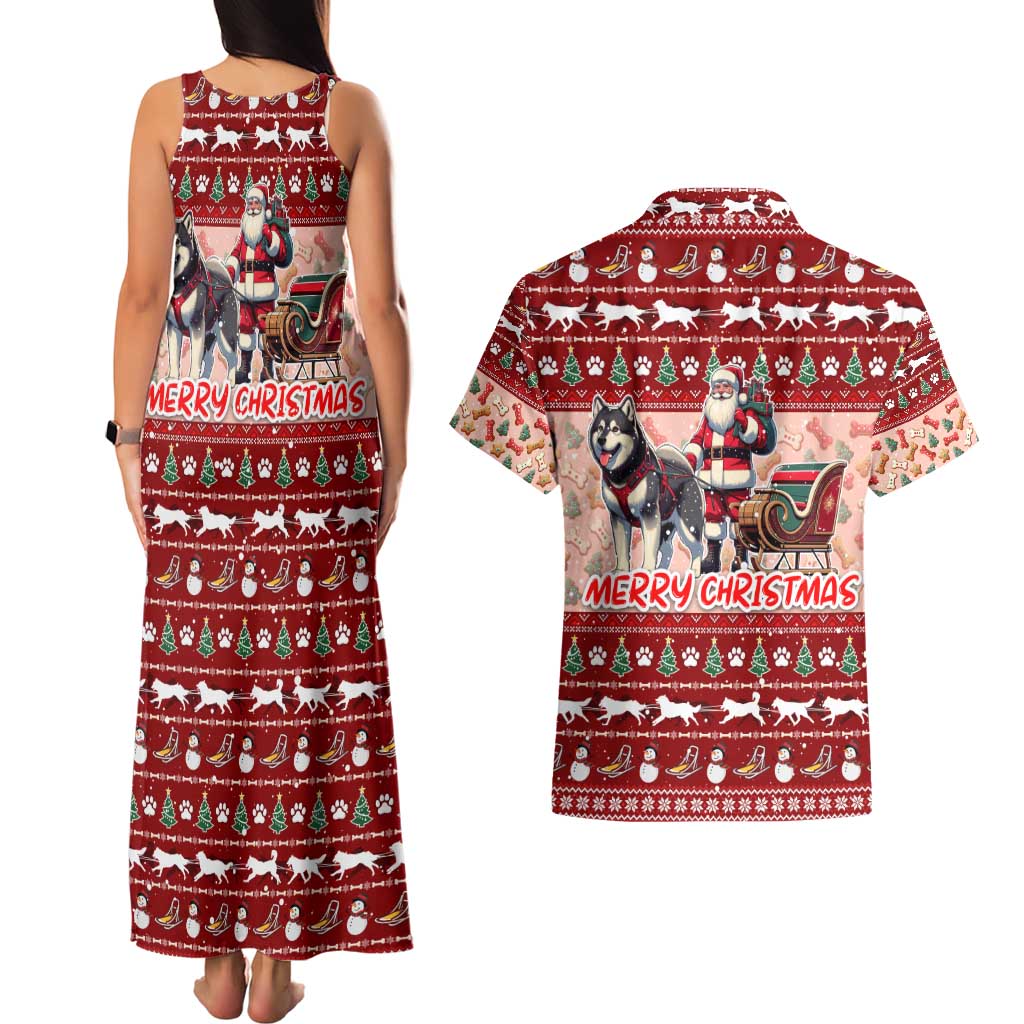 Dog Sled Christmas Couples Matching Tank Maxi Dress and Hawaiian Shirt Husky Sleigh Ride Design - Wonder Print Shop
