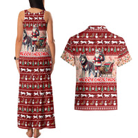 Dog Sled Christmas Couples Matching Tank Maxi Dress and Hawaiian Shirt Husky Sleigh Ride Design - Wonder Print Shop