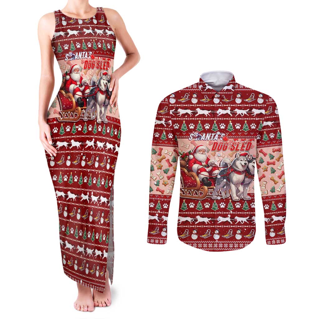 Dog Sled Christmas Couples Matching Tank Maxi Dress and Long Sleeve Button Shirt Husky Sleigh Ride Design - Wonder Print Shop