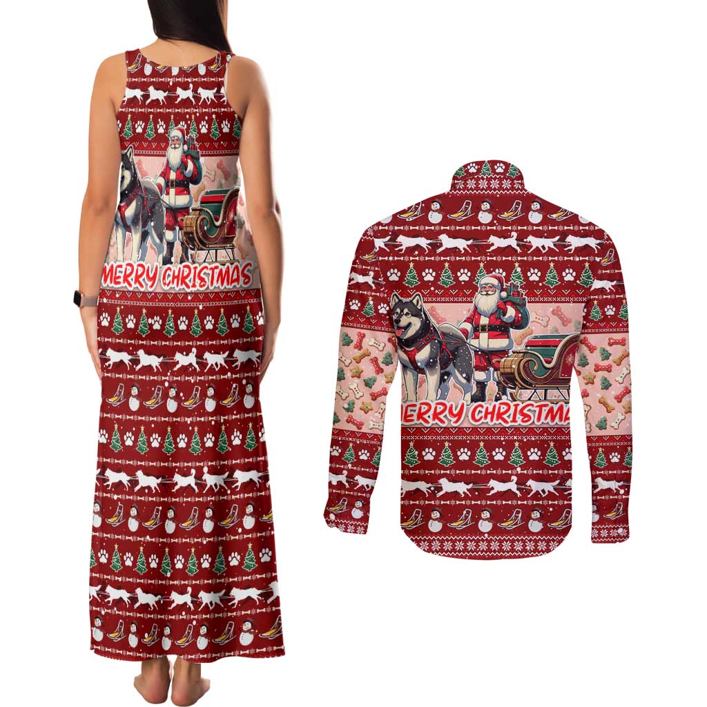 Dog Sled Christmas Couples Matching Tank Maxi Dress and Long Sleeve Button Shirt Husky Sleigh Ride Design - Wonder Print Shop