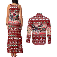 Dog Sled Christmas Couples Matching Tank Maxi Dress and Long Sleeve Button Shirt Husky Sleigh Ride Design - Wonder Print Shop