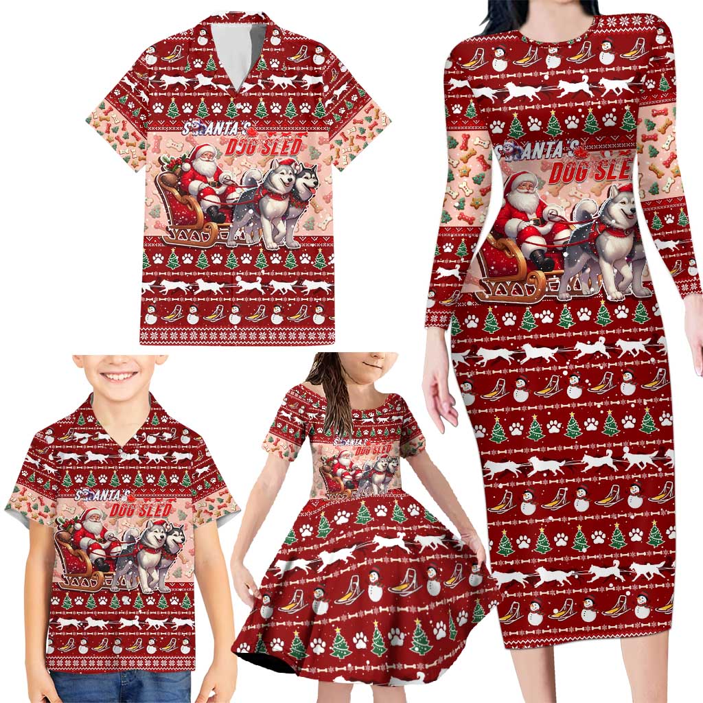 Dog Sled Christmas Family Matching Long Sleeve Bodycon Dress and Hawaiian Shirt Husky Sleigh Ride Design - Wonder Print Shop
